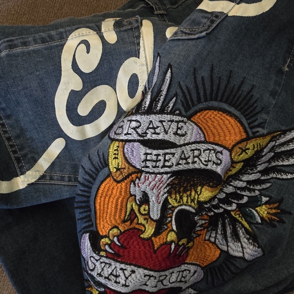 Ed Hardy Blue Flare Jeans with White and Multicolor Design - Picture 2 of 5